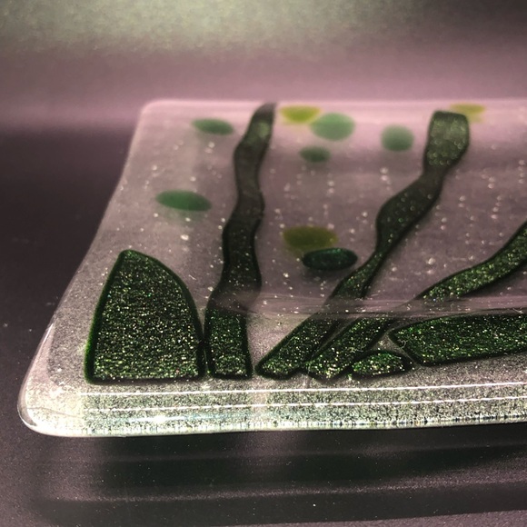 Fused Art Glass Plate Seaweed And Bubbles 8” Square - Picture 4 of 6